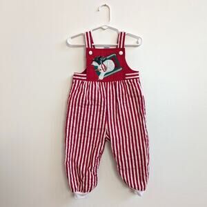 Vtg Ruth Scharf Overalls Christmas Baby Girls Sz 18m Red Stripe Snowman